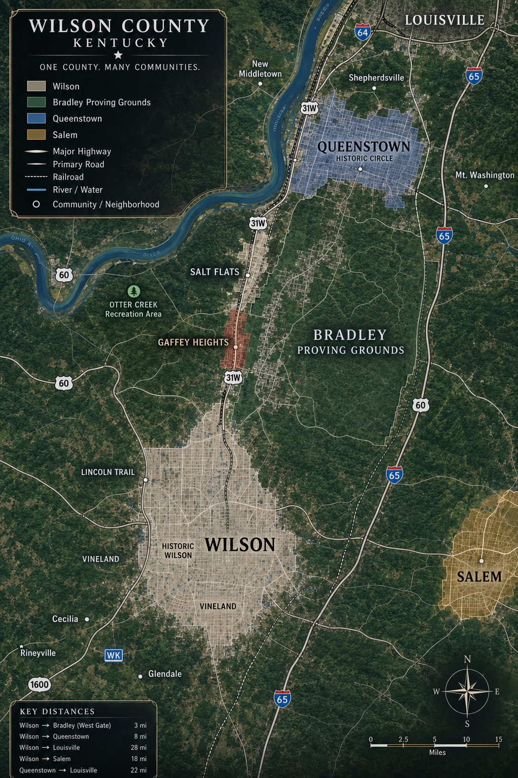 Wilson County map showing Wilson, Historic Wilson, Bradley Proving Grounds, Queenstown, Salem, communities, roads, rivers, and regional geography.