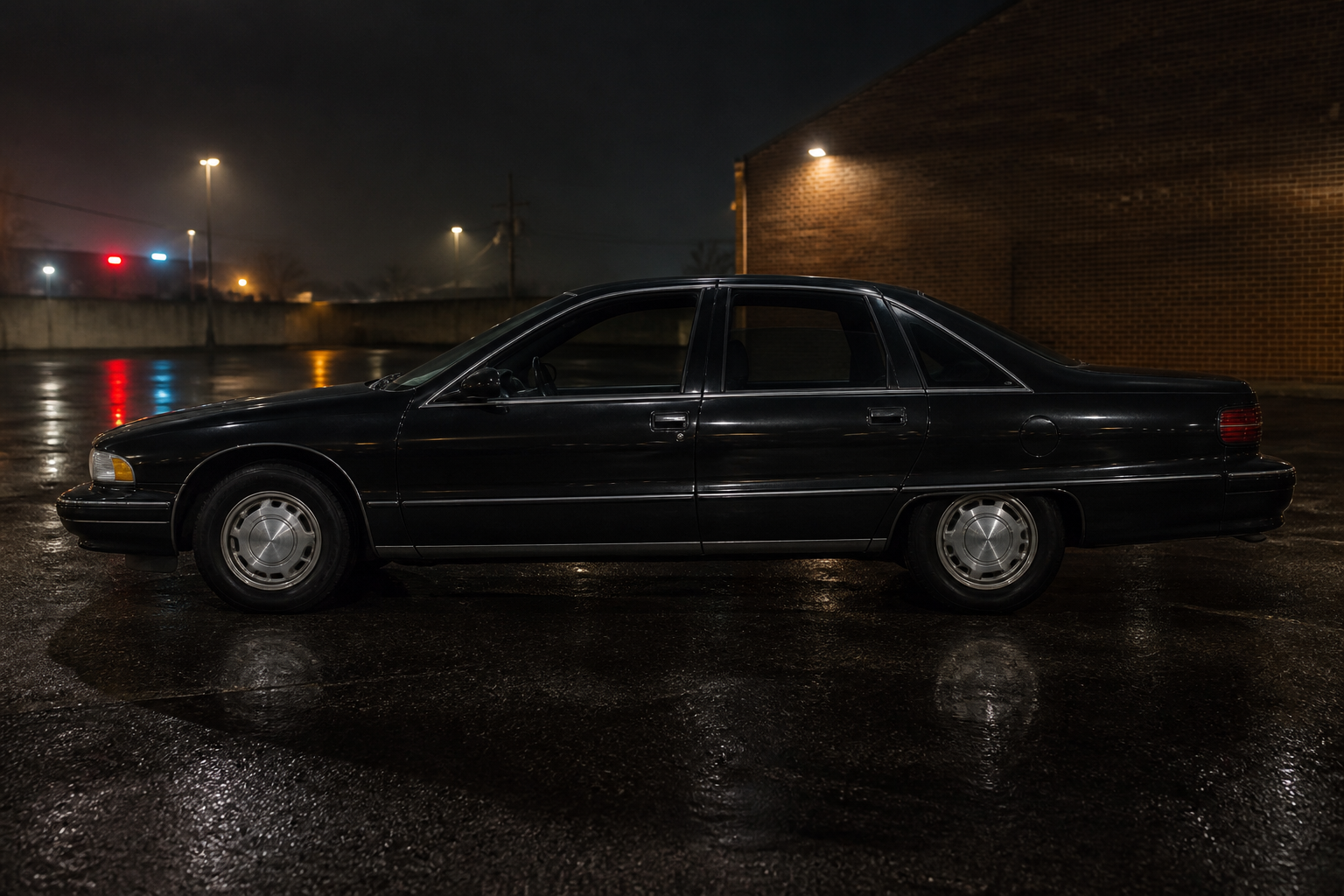 William Carter's black Caprice in a wet rear parking lot at night